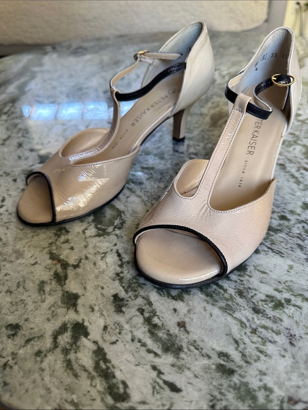 Peter Kaiser Nude Patent T-Strap Peep-Toe Heels with Black Trim